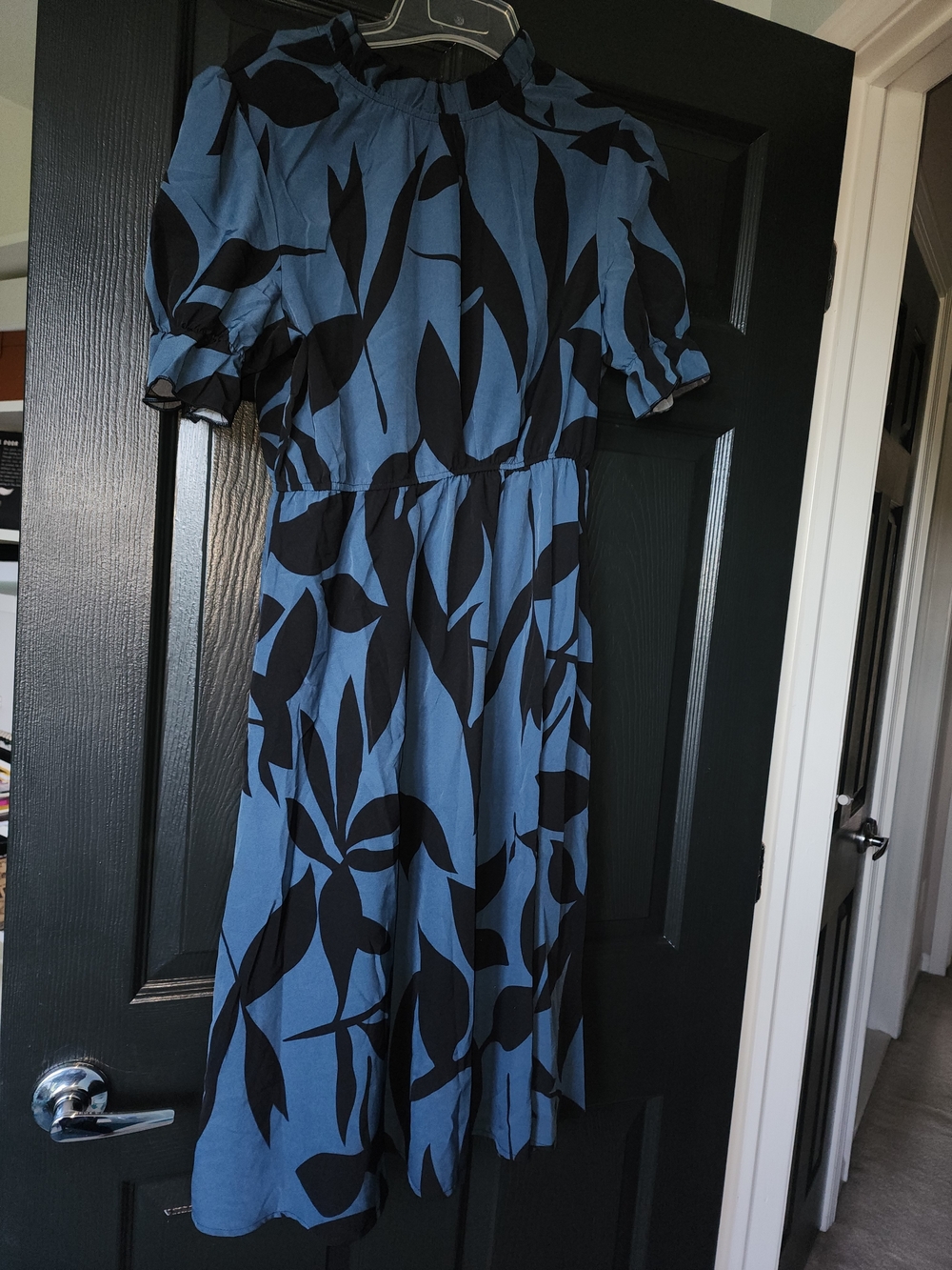 SHEIN Blue Midi Dress with Black Leaf Print